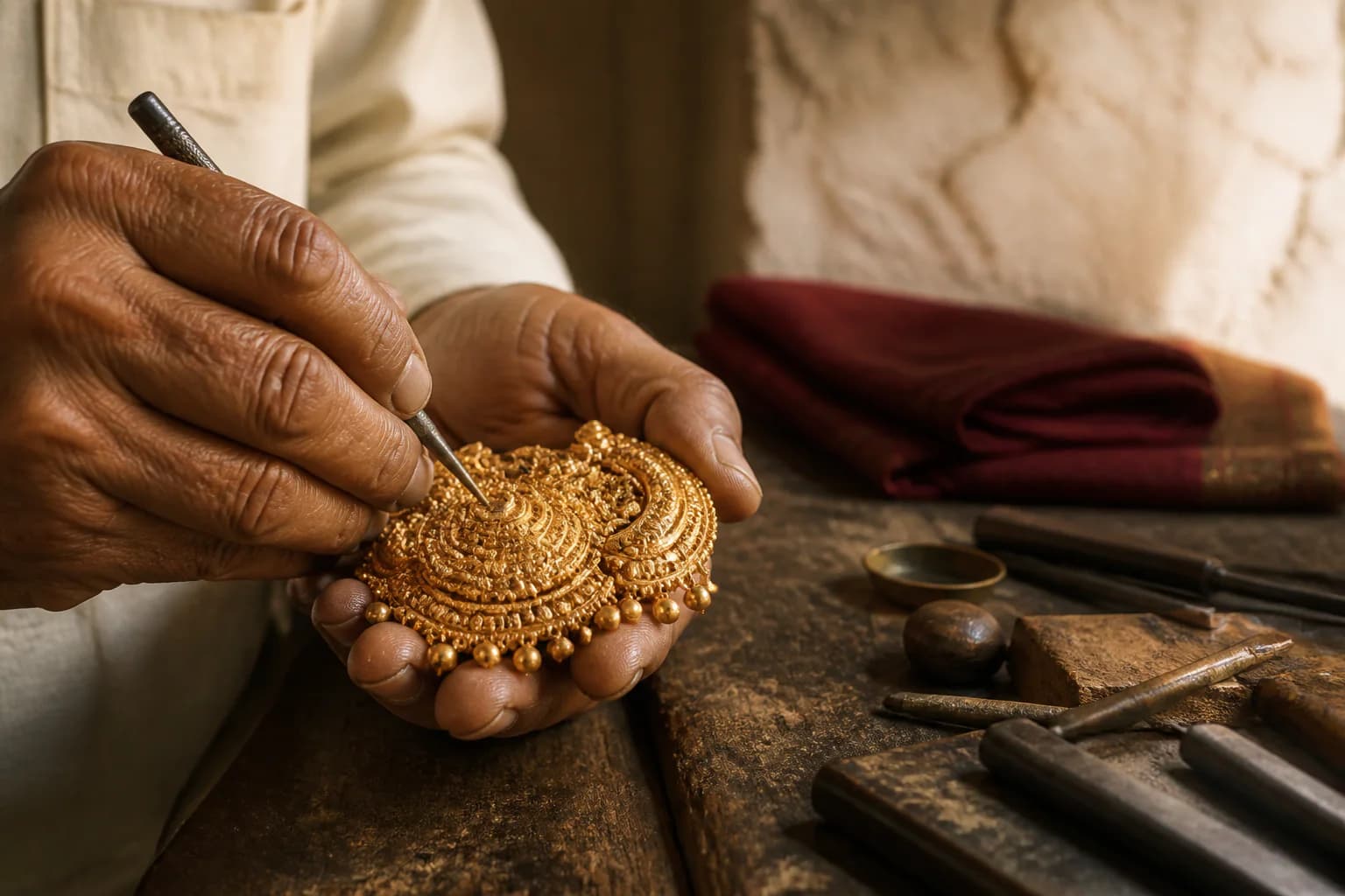 Artisan engraving a traditional gold pendant by hand