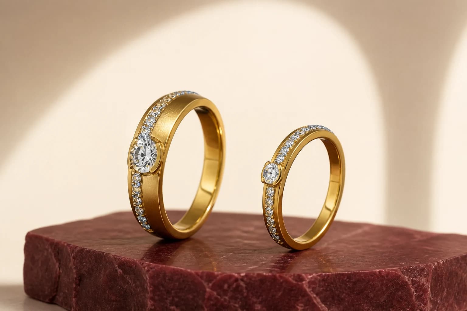 Matching yellow-gold diamond wedding bands on a deep-maroon stone plinth