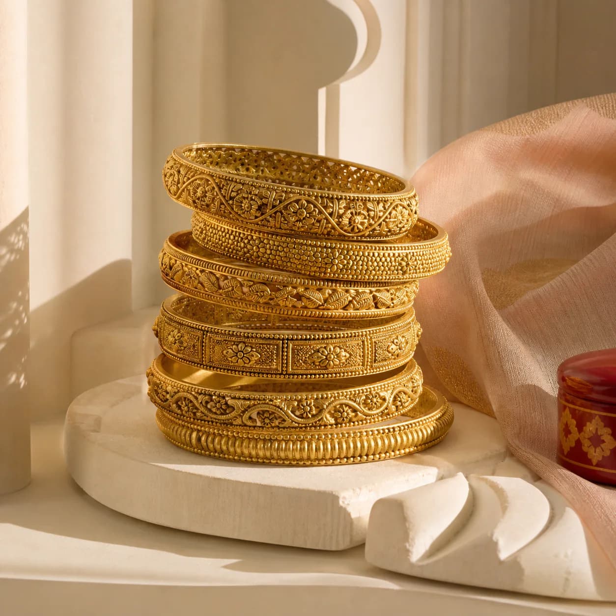 Traditional Maharashtrian gold bangles arranged on an ivory pedestal