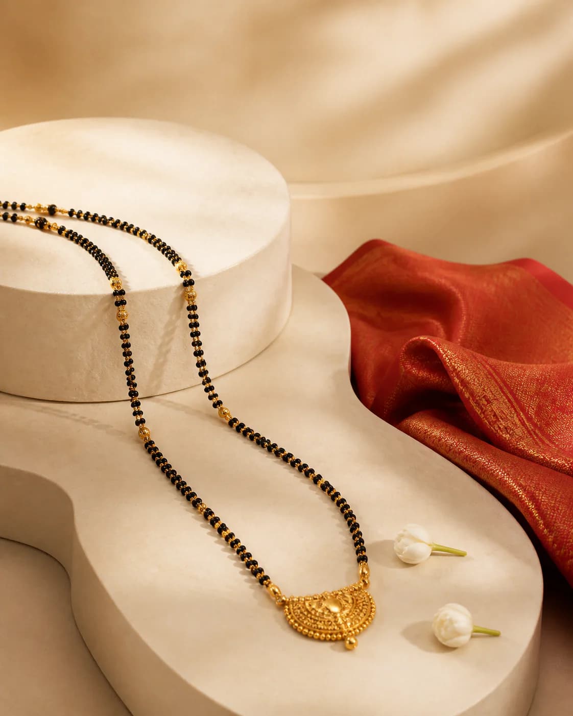 Mangalsutra presented on sculptural ivory forms with red silk