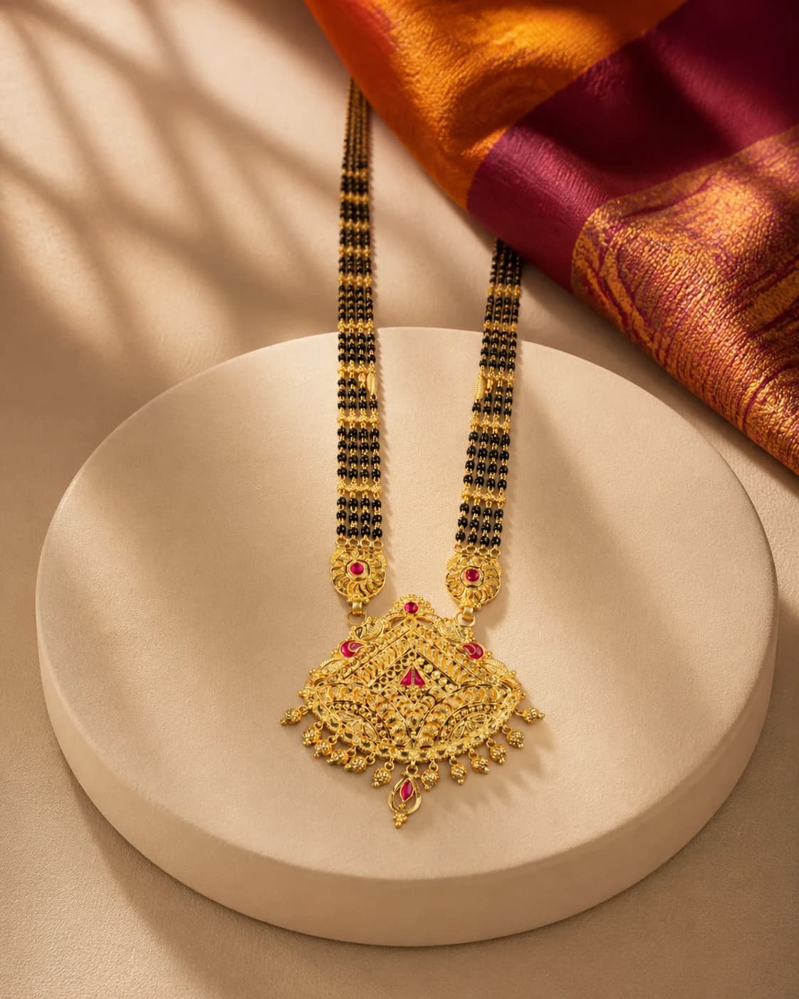 Multi-strand black-bead mangalsutra with an ornate ruby-accented gold pendant