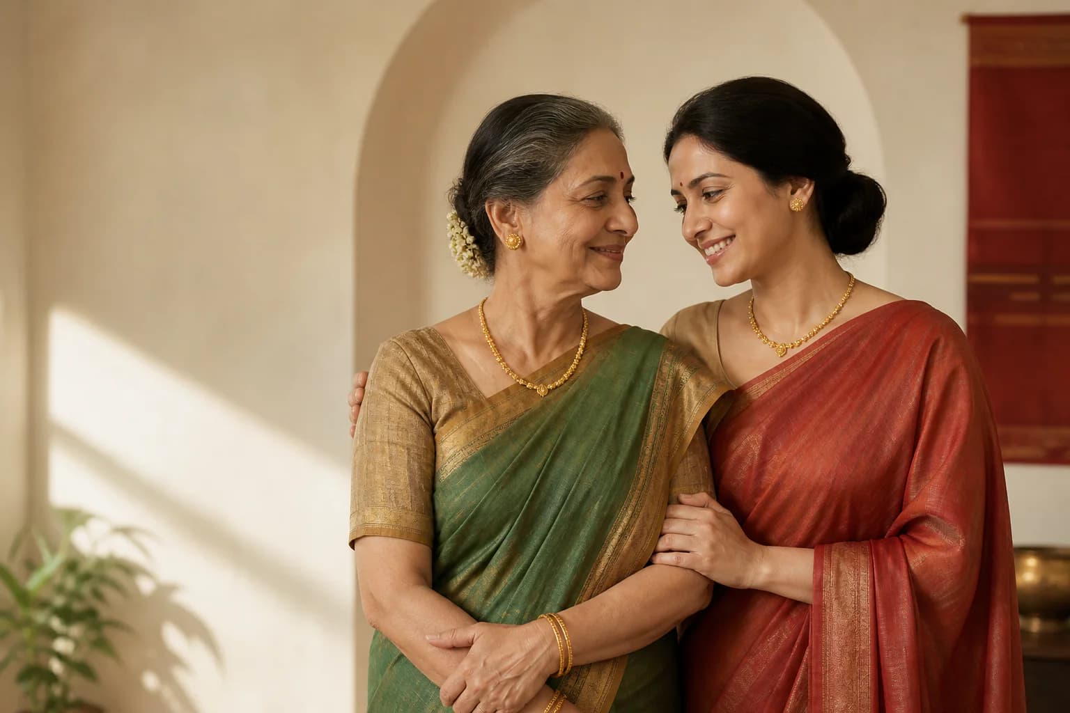 A mother and adult daughter sharing a warm family moment in traditional jewellery