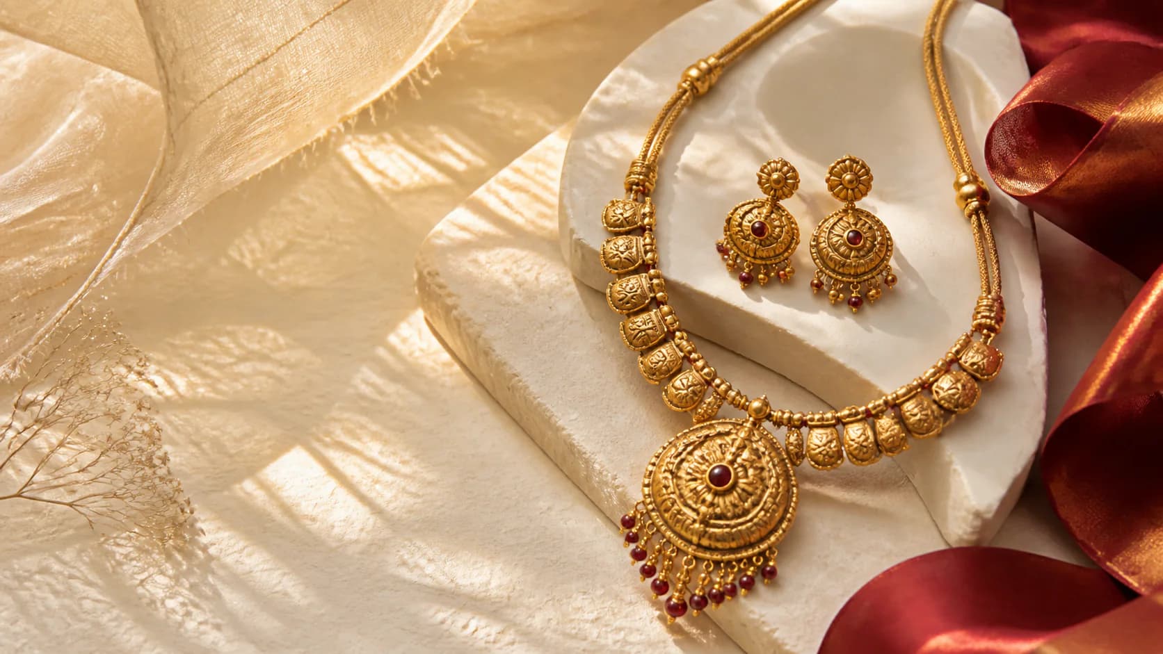 Heritage gold necklace and matching earrings arranged with ivory silk and deep-red fabric
