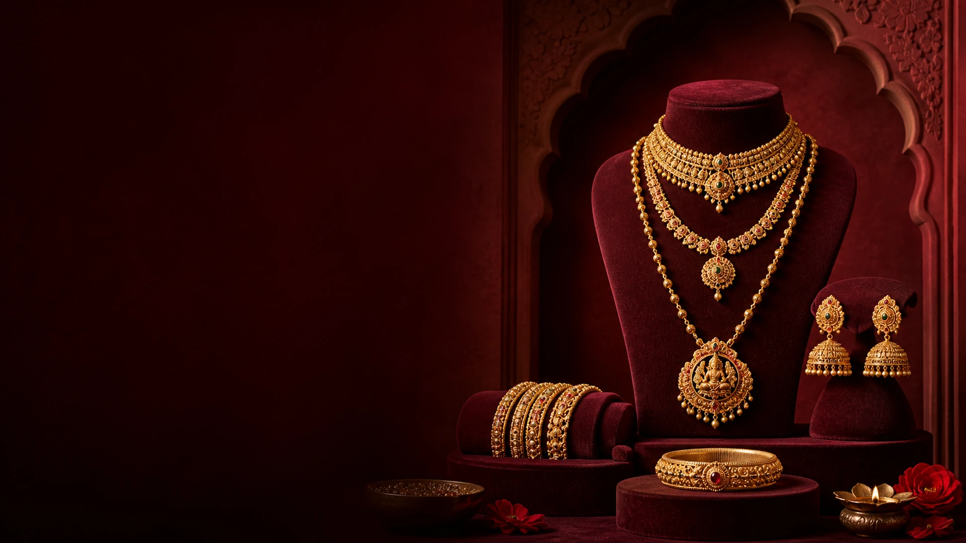 Traditional Maharashtrian gold necklaces, earrings and bangles displayed on burgundy velvet in a maroon alcove