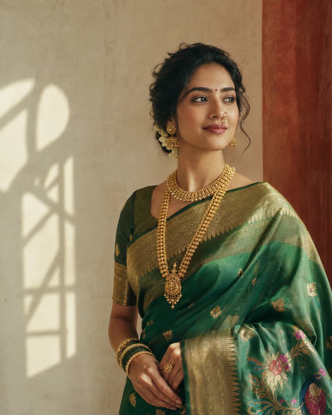 Maharashtrian bride wearing traditional gold jewellery and a green Paithani saree