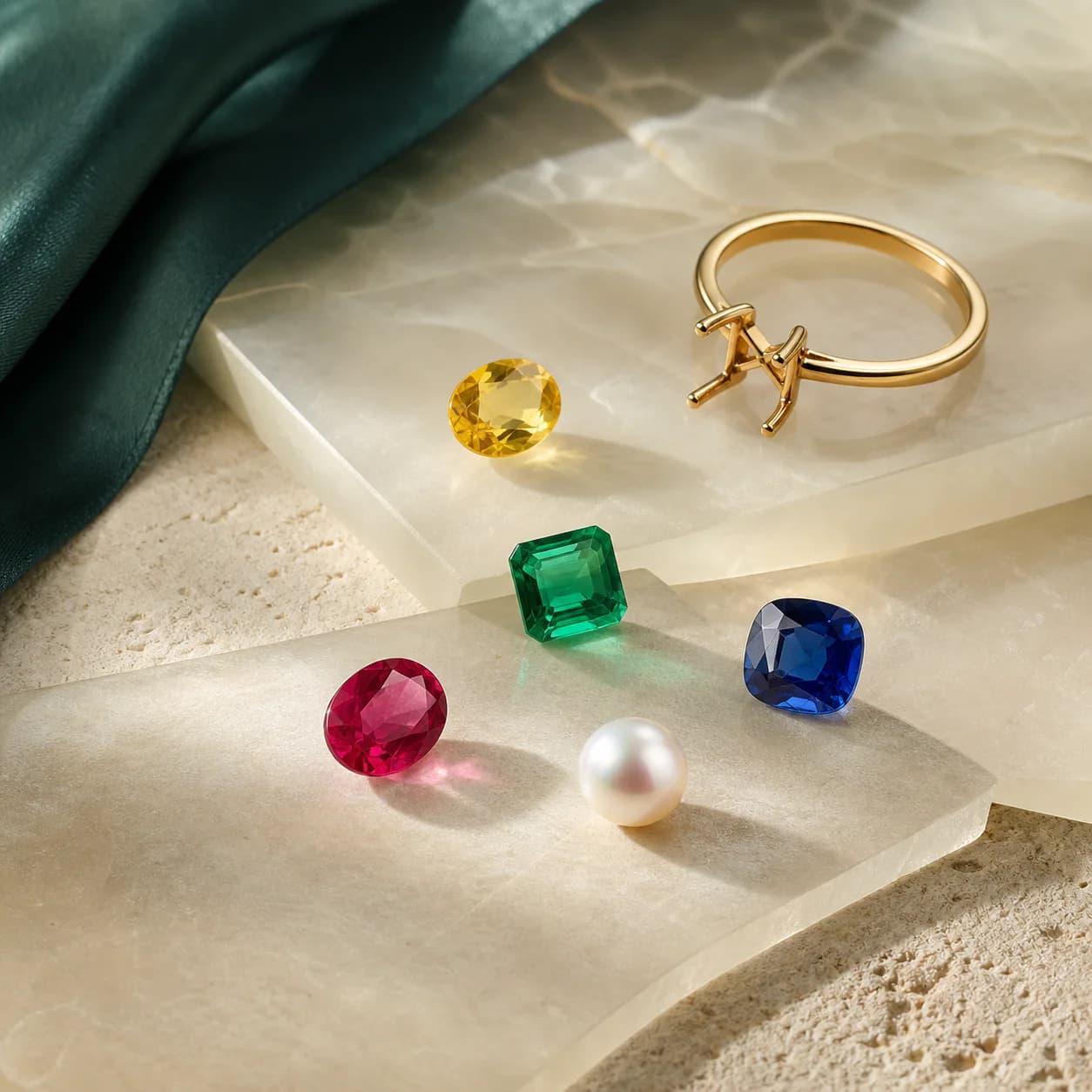 Ruby, emerald, sapphire, yellow sapphire and pearl arranged on ivory stone