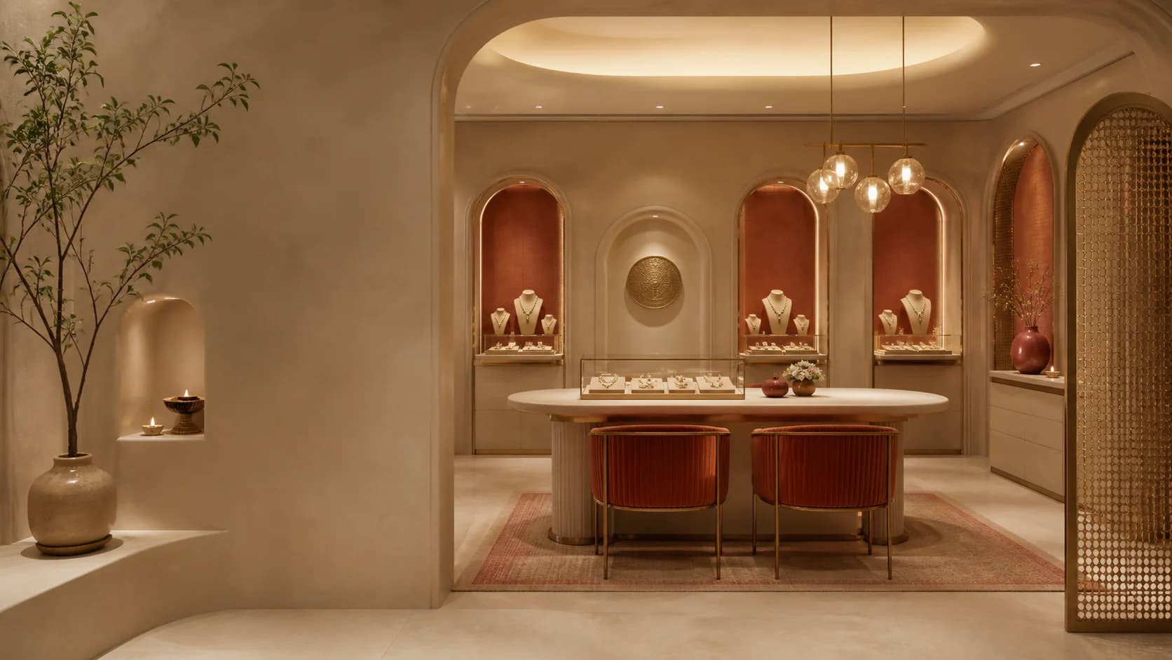 An artistic vision of an intimate ivory and vermilion jewellery salon